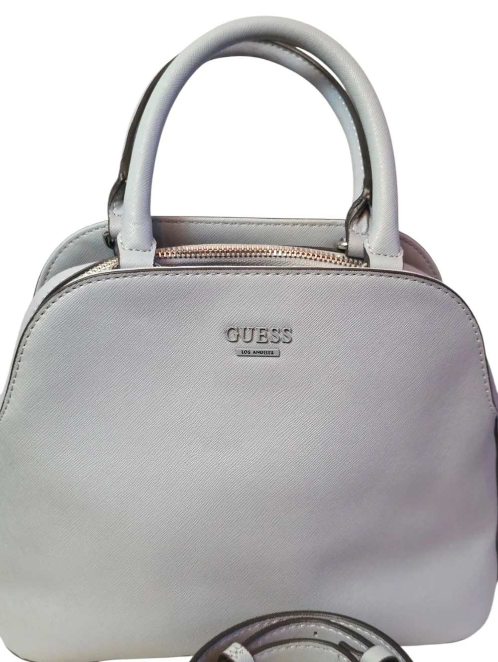 Guess Gray Dome Satchel Crossbody Bag Structured Top Handle Silver Logo